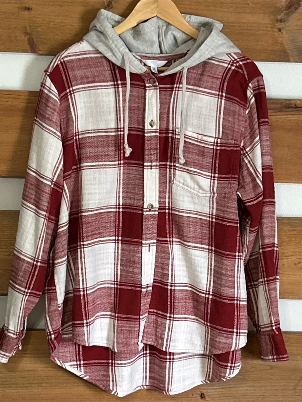 Time & Tru Long Sleeve Cream & Burnt Red Plaid Hooded Shacket Women's 2XL (20) - Picture 1 of 9
